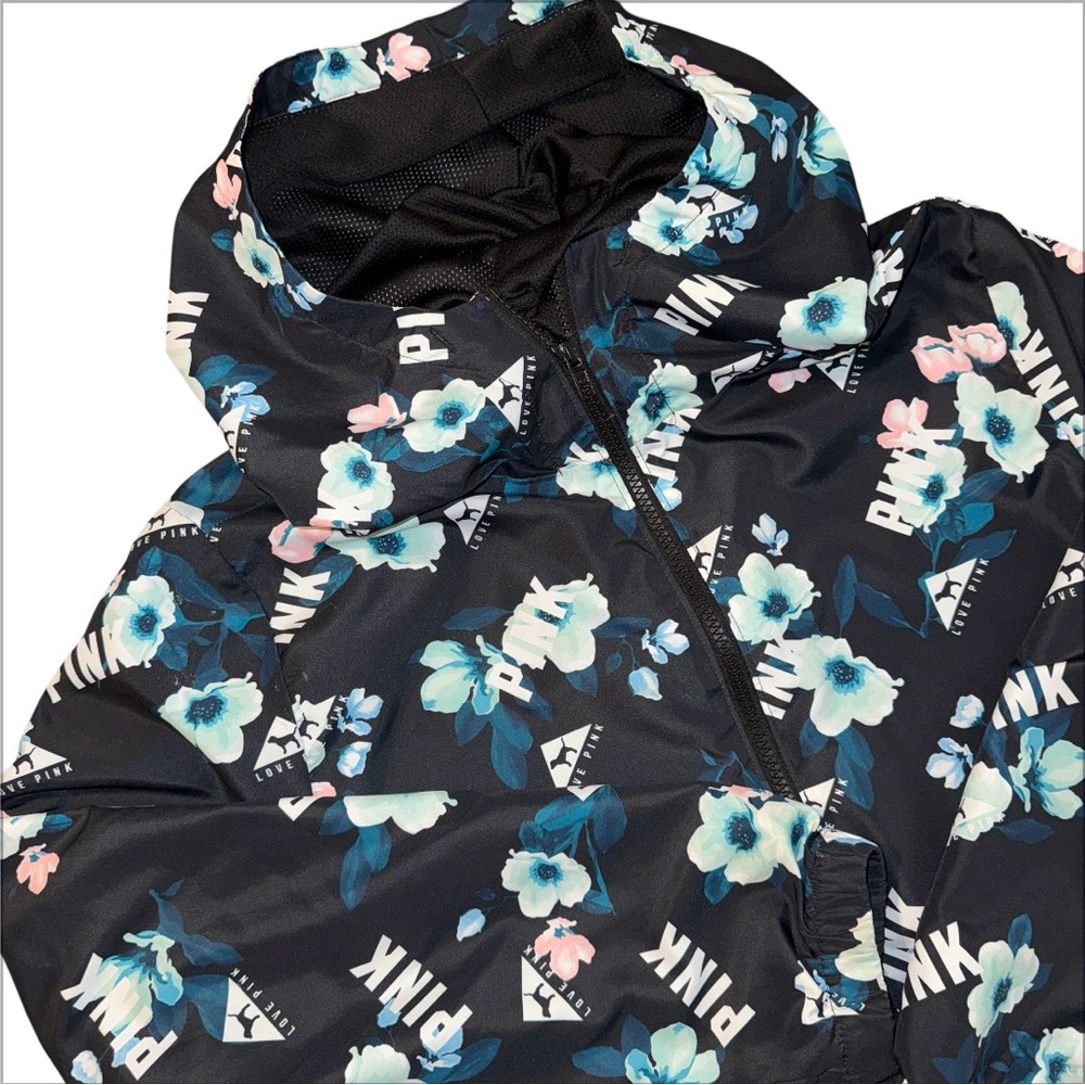 VICTORIA'S SECRET PINK BLACK FLORAL CAMPUS ANORAK RAIN COAT JACKET Sz XS/S